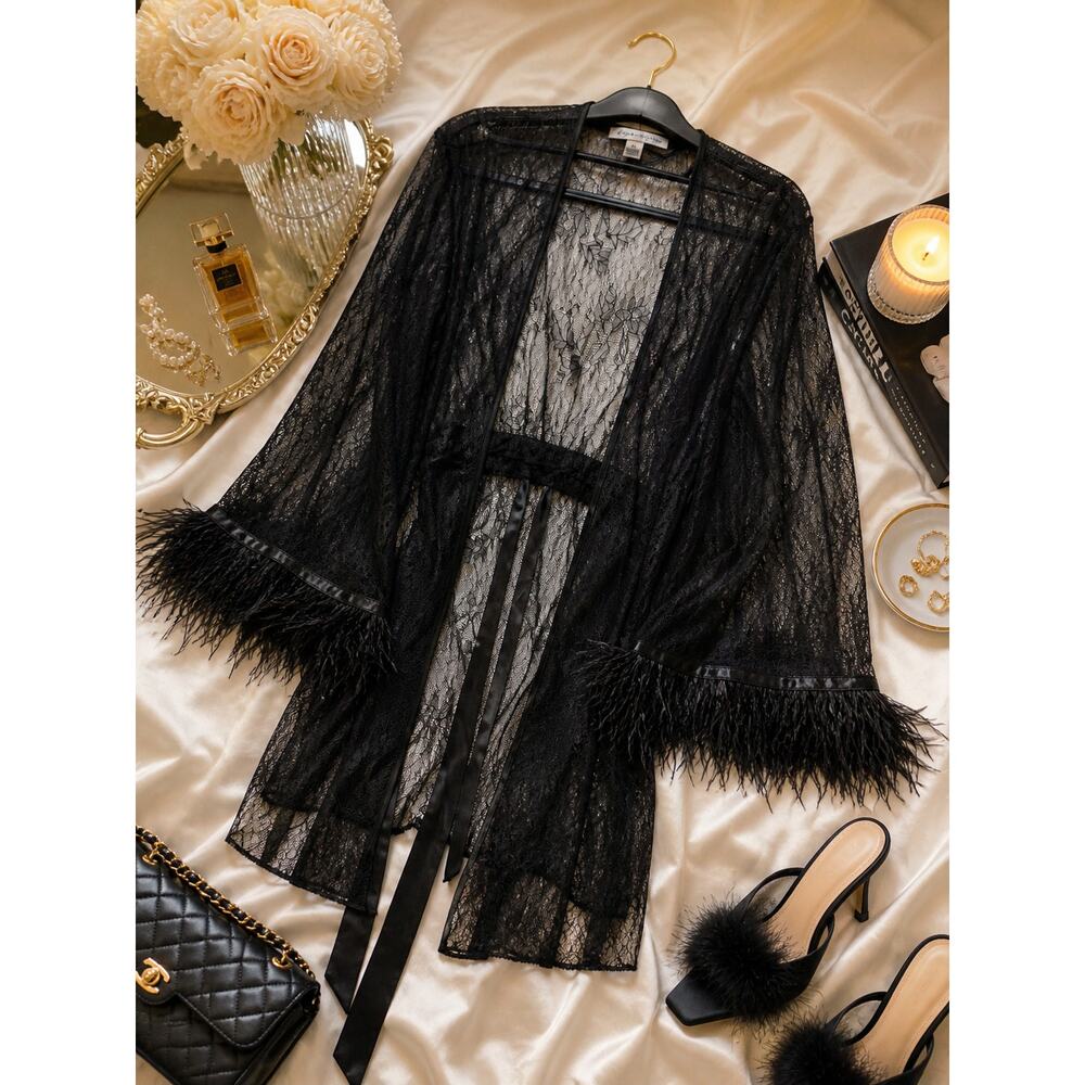 Rya Collection Black Lace Robe XL Feather Trim Kimono Boudoir Lingerie Bridal